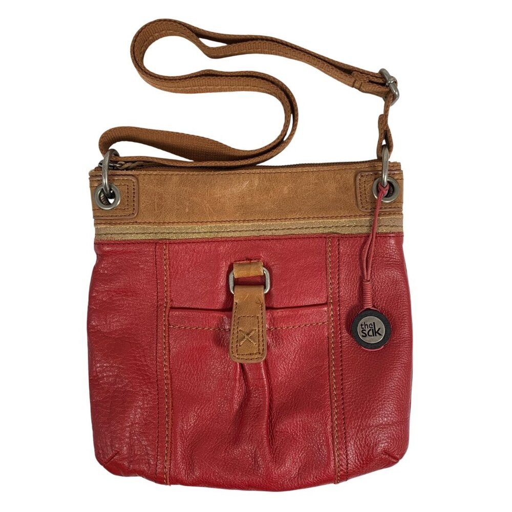 The Sak Kendra Red Tan Pebbled Leather Womens Adjustable Crossbody Shoulder Bag
